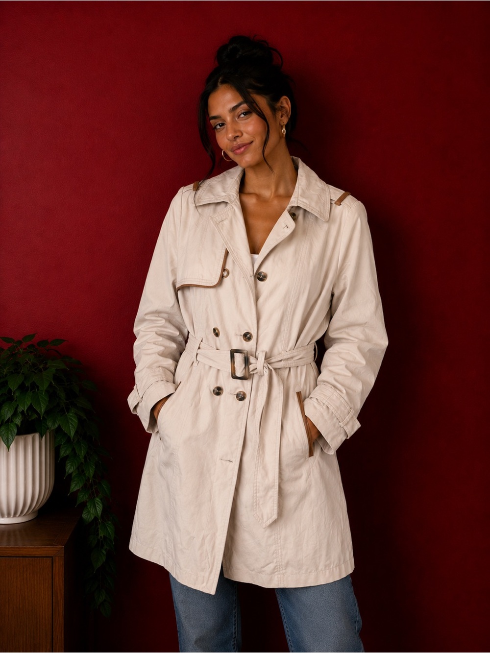 Atmosphere Beige Double-Breasted Trench Coat with Faux-Leather Trim - Size US 8